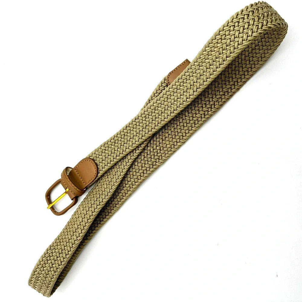 Men's XL Tan‎ Braided Woven Stretch Golf Belt Leather End Pieces Casual Preppy